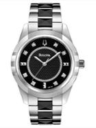 Bulova Ladies' Stainless Steel & Black Watch With Diamond Markers