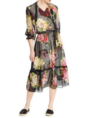 Lauren Ralph Lauren Floral Chiffon Tie-neck Dress