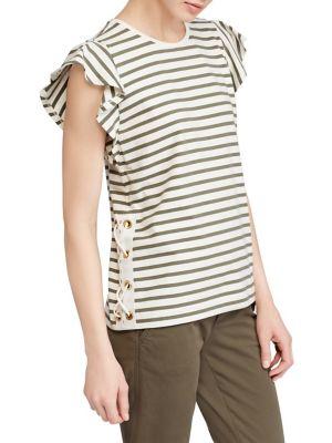 Lauren Ralph Lauren Striped Cotton Flutter-sleeve T-shirt