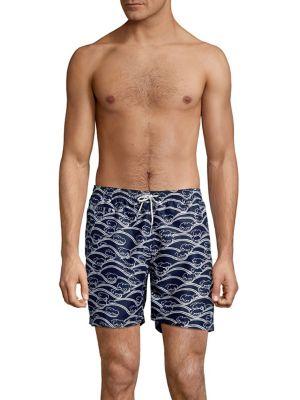 Black Brown Geometric Wave Print Swim Trunks