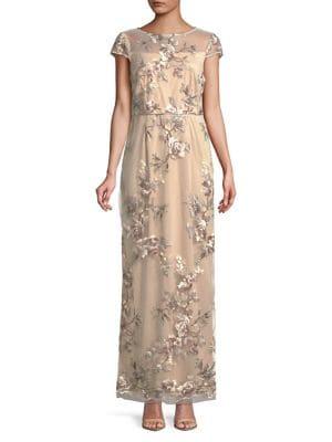 Alex Evenings Embroidered Cap Sleeve Coloumn Dress