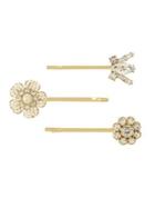 Miriam Haskell Vintage Pearl Set Of Three Crystal And Faux Pearl Flower Hair Pins