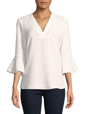 Karl Lagerfeld Paris Printed Beaded V-neck Bell-sleeve Top