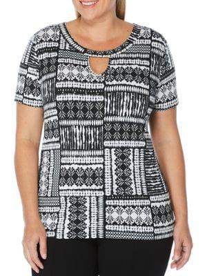 Rafaella Plus Printed Keyhole Cotton Blend Tee