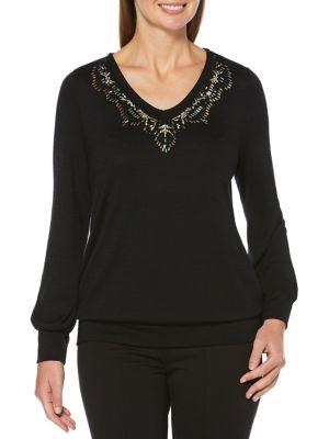 Rafaella Embellished Long-sleeve Knit Sweater