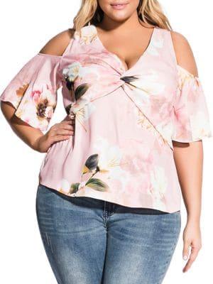 City Chic Plus Floral-print Cold-shoulder Top