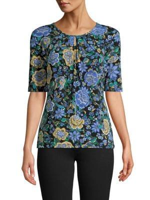 Premise Pleated Floral Keyhole Blouse