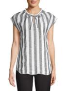 Lord & Taylor Ruffled Tie-neck Stripe Linen Top