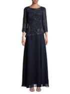 J Kara Plus Three-quarter Sleeve Beaded Gown