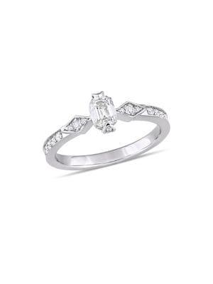 Sonatina 14k White Gold, Emerald & Round 0.75 Tcw Diamond Vintage Engagement Ring