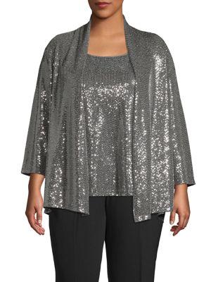 Kasper Plus Sequined Three-quarter Sleeve Cardigan