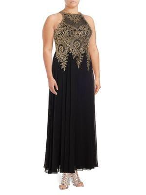 Xscape Plus Sequined Botanical Illusion Gown