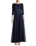 Tadashi Shoji Three-quarter Sleeve A-line Sequined Gown