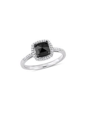 Sonatina 14k White Gold, Black Diamond And Diamond Halo Engagement Ring