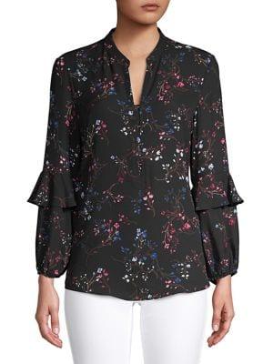 Ivanka Trump Ruffled Floral Splitneck Blouse