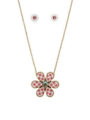 Betsey Johnson Picnic Gingham Flower Goldtone & Crystal Pendant Necklace & Stud Earrings Set