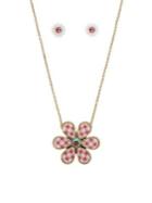 Betsey Johnson Picnic Gingham Flower Goldtone & Crystal Pendant Necklace & Stud Earrings Set