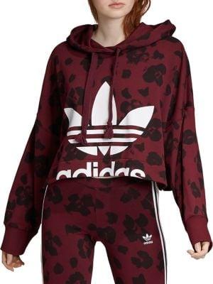 Adidas Cropped Leopard-print Drawstring Hoodie