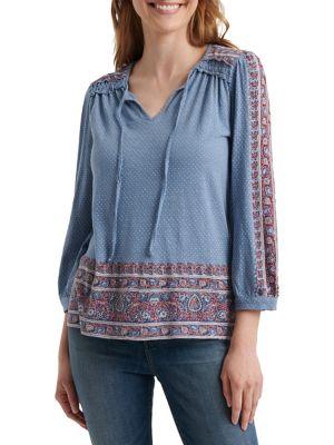 Lucky Brand Printed Cotton Smocked Top