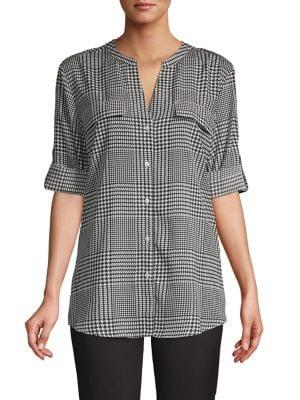 Calvin Klein Rolled-sleeve Button-front Plaid Blouse