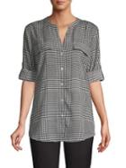 Calvin Klein Rolled-sleeve Button-front Plaid Blouse
