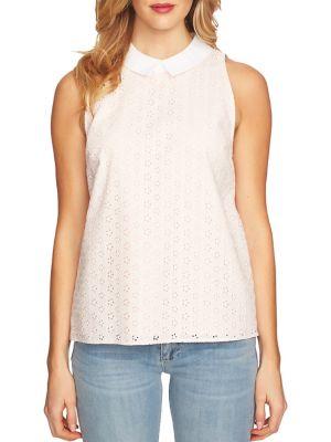Cece Sleeveless Cotton Eyelet Collared Blouse