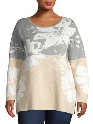 Calvin Klein Plus Floral Colorblock Jacquard Sweater
