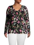 Lord & Taylor Plus Floral Cashmere V-neck Sweater