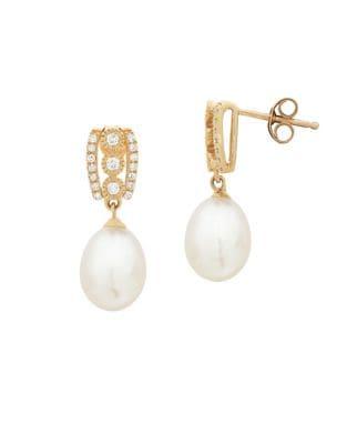 Lord & Taylor White Oval Freshwater Pearl, Diamond And 14k Yellow Gold Drop Earrings