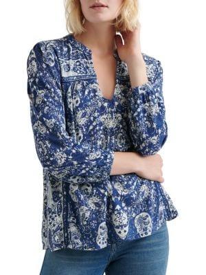 Lucky Brand Split Neck Printed Peasant Blouse