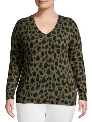 Lord & Taylor Plus Leopard-print V-neck Cashmere Top