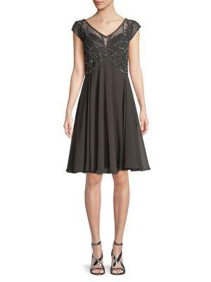J Kara Embellished Cap-sleeve A-line Dress