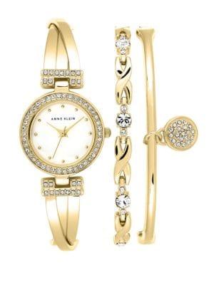 Anne Klein Swarovski Crystal And Yellow Goldtone Bracelet Watch Set