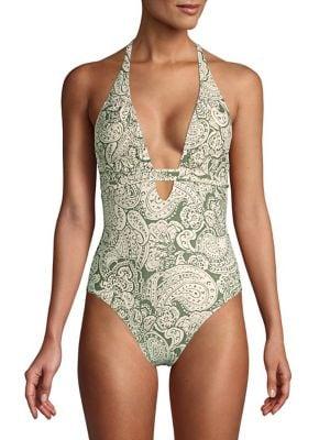 Vince Camuto Oasis Tapestry One-piece Wrap Plunge Swimsuit