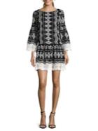 Nicole Miller New York Embroidered Bell-sleeve Shift Dress
