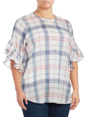 Vince Camuto Plus Plaid Flutter Sleeve Top