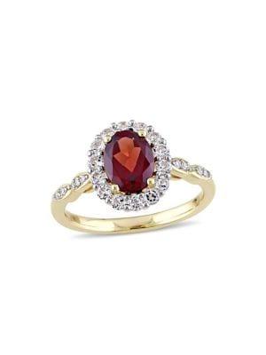 Sonatina 14k Yellow Gold, Garnet, White Topaz & Diamond Halo Vintage Ring