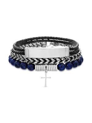 Lord & Taylor 3-piece Stainless Steel & Vegan Leather Beaded Bracelet Set