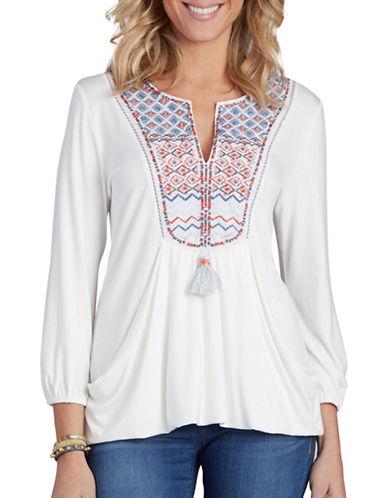 Democracy Embroidered Yoke Drape Front Top