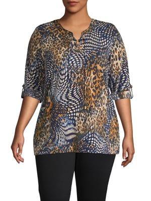 Chelsea & Theodore Plus Mixed-print Split-neck Top