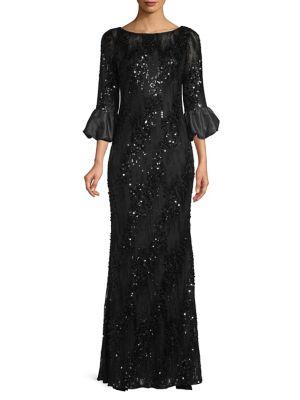 Carmen Marc Valvo Infusion Puff Sleeve Sequin Gown