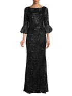 Carmen Marc Valvo Infusion Puff Sleeve Sequin Gown