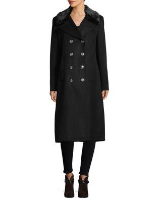 Karl Lagerfeld Paris Notch Faux Fur Collar Long Coat