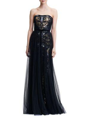 Marchesa Notte Strapless Tulle & Sequin Gown
