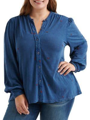 Lucky Brand Plus Embroidered Floral Cotton Top