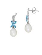 Lord & Taylor 7-8mm Oval Freshwater Pearls, Blue Topaz And White Topaz Sterling Silver Earrings