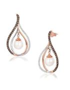 Le Vian Chocolatier 9mm White Freshwater Pearl, White Diamond, Brown Diamond And 14k Two-toned Gold Earrings, 0.86 Tcw