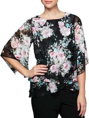 Alex Evenings Plus Floral-print Quarter-sleeve Blouse