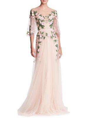 Marchesa Notte Embellished Mesh Flutter Gown