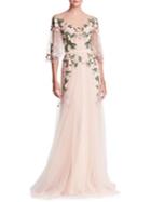Marchesa Notte Embellished Mesh Flutter Gown